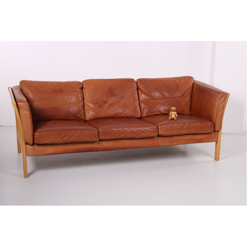 Vintage cognac leather sofa by Mogens Hansen, Danish