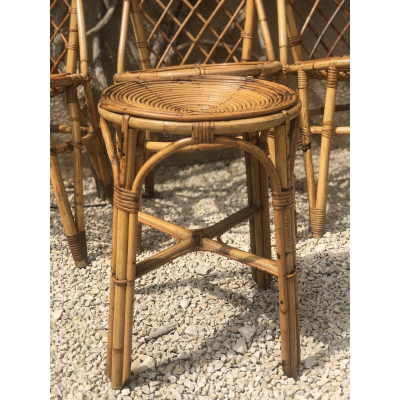 Set of 6 vintage rattan chairs and armchair by Louis Sognot 1960s