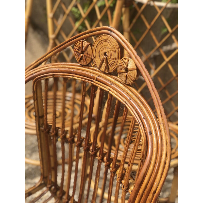 Set of 6 vintage rattan chairs and armchair by Louis Sognot 1960s