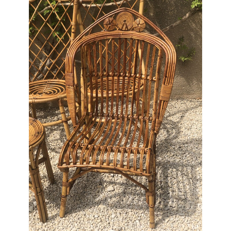 Lot de 6 chaises et fauteuil vintage en rotin de Louis Sognot 1960