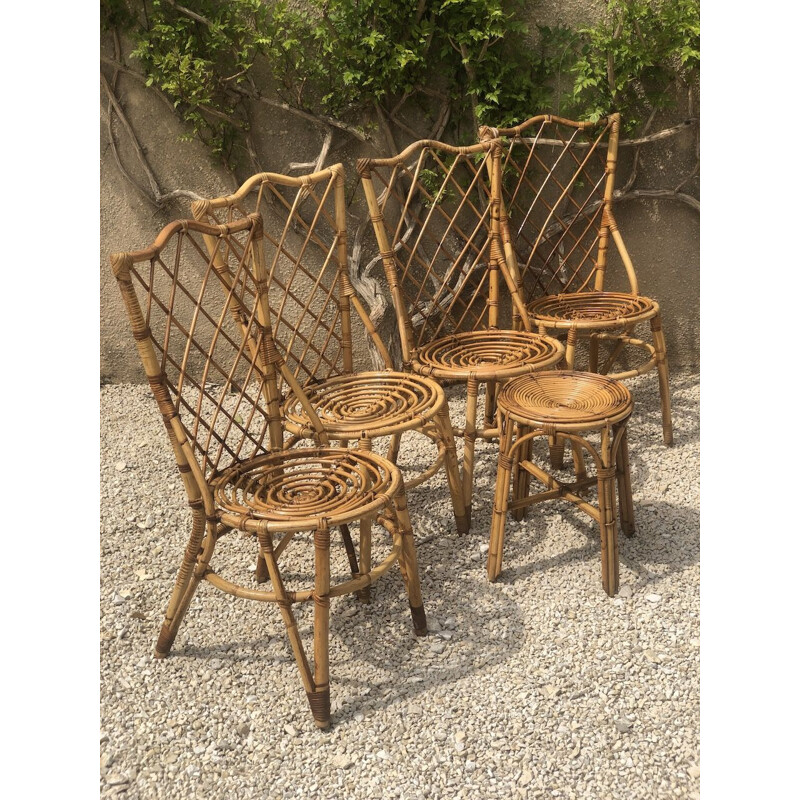 Lot de 6 chaises et fauteuil vintage en rotin de Louis Sognot 1960