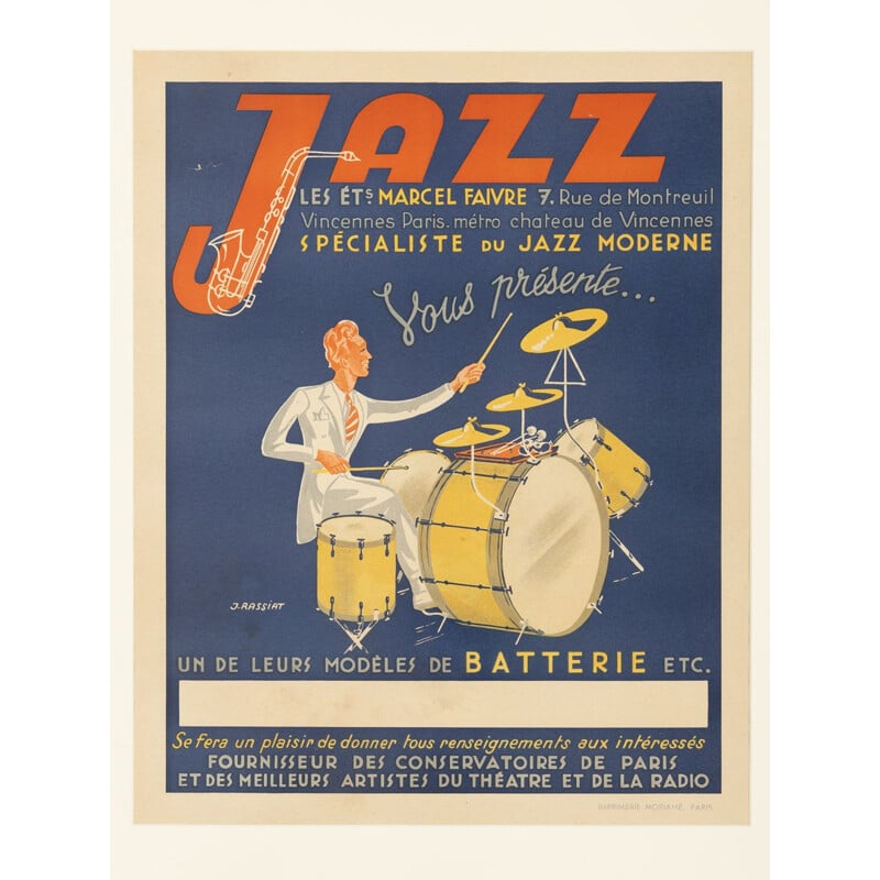 Affiche publicitaire vintage un cadre en bois de frêne, de jazz, 1940