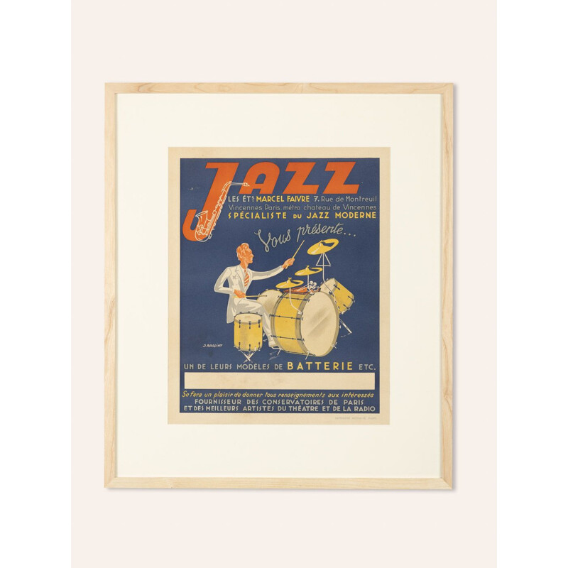 Cartel publicitario vintage en marco de madera de fresno, jazz, 1940