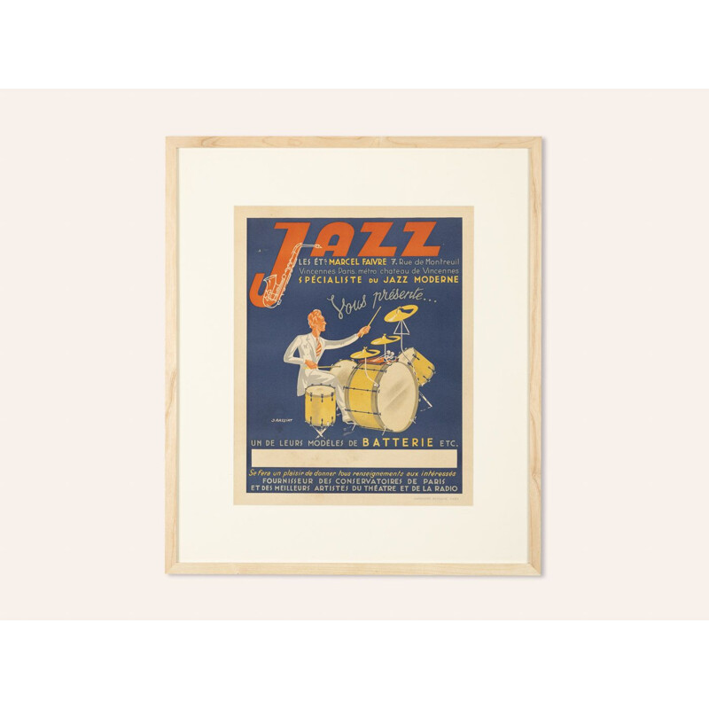 Cartel publicitario vintage en marco de madera de fresno, jazz, 1940