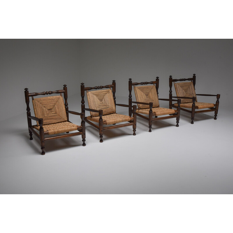 Vintage Rustic Modern Rush Armchairs In Stained Wood, French 1970s