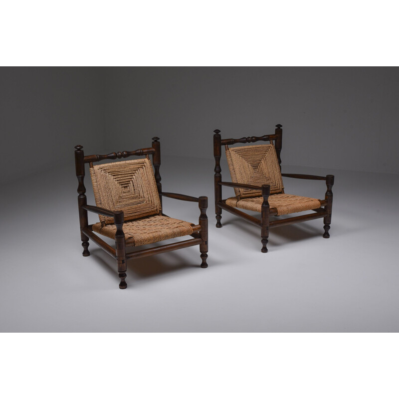 Vintage Rustic Modern Rush Armchairs In Stained Wood, French 1970s