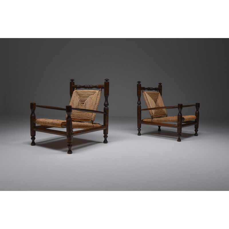 Vintage Rustic Modern Rush Armchairs In Stained Wood, French 1970s