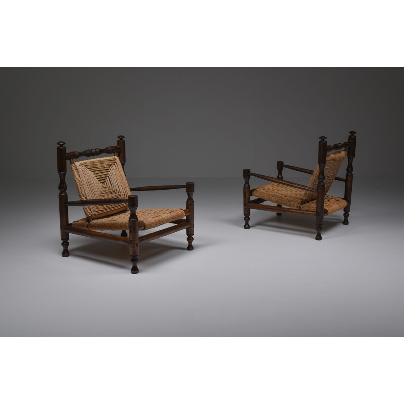 Vintage Rustic Modern Rush Armchairs In Stained Wood, French 1970s