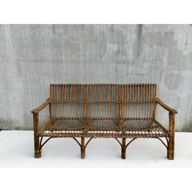 Vintage 3 seater bench in rattan 1950s