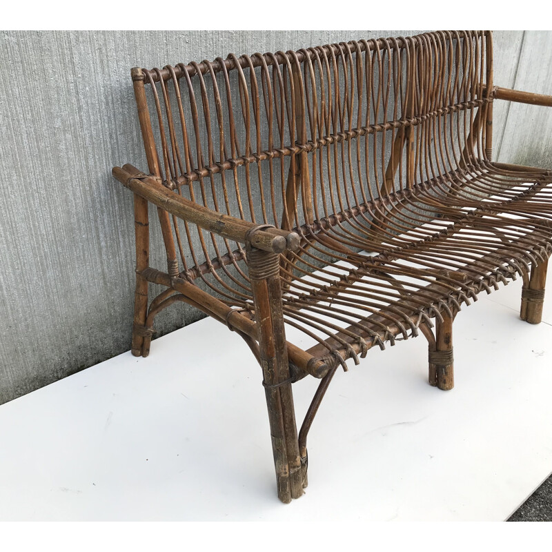 Vintage 3 seater bench in rattan 1950s