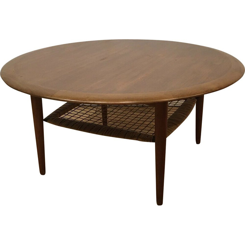 Table basse vintage ronde en teck et rotin par Johannes Andersen pour Silkeborg, Danemark 1960