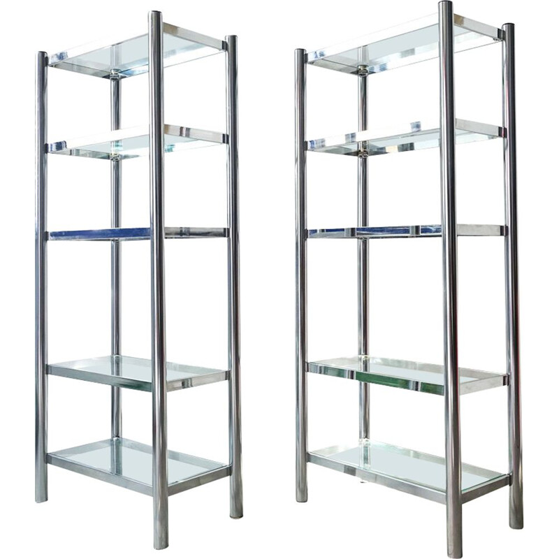 Pair of vintage shelves in polished chrome and glass 1970