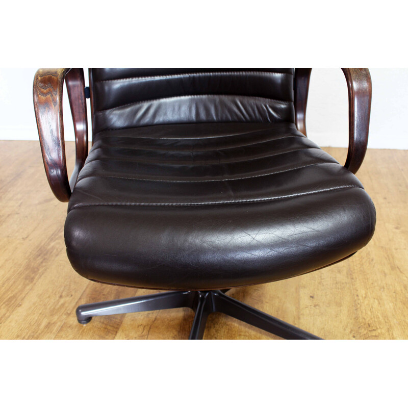 Fauteuil vintage de de conférence Stoll Giroflex en cuir et bois 1960