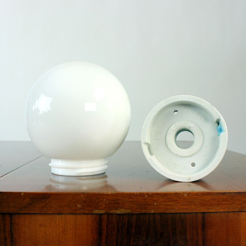 Vintage White Opaline Glass And Porcelain Light, Czechoslovakia 1960s