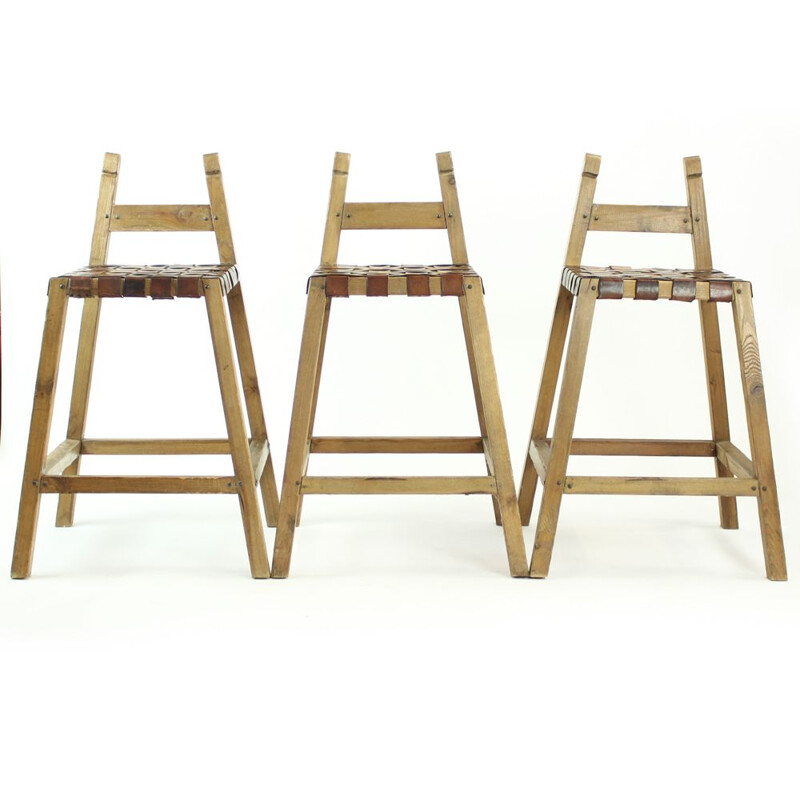 Set of 3 Large vintage Bar Stools In Wood & Leather, Czechoslovakia 1950s