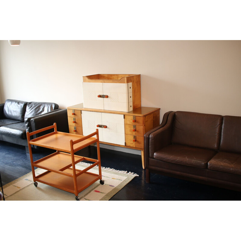 Vintage Maple Leather and Gold Glass Sideboard by Laszlo Hoenig 1940s