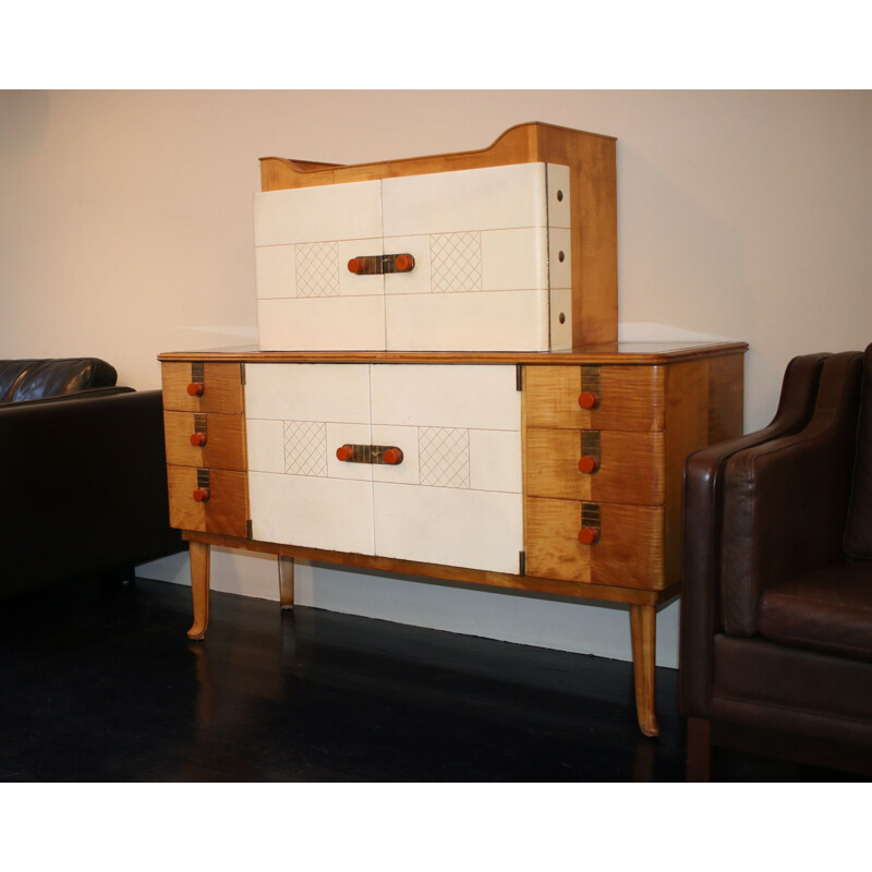 Vintage Maple Leather and Gold Glass Sideboard by Laszlo Hoenig 1940s