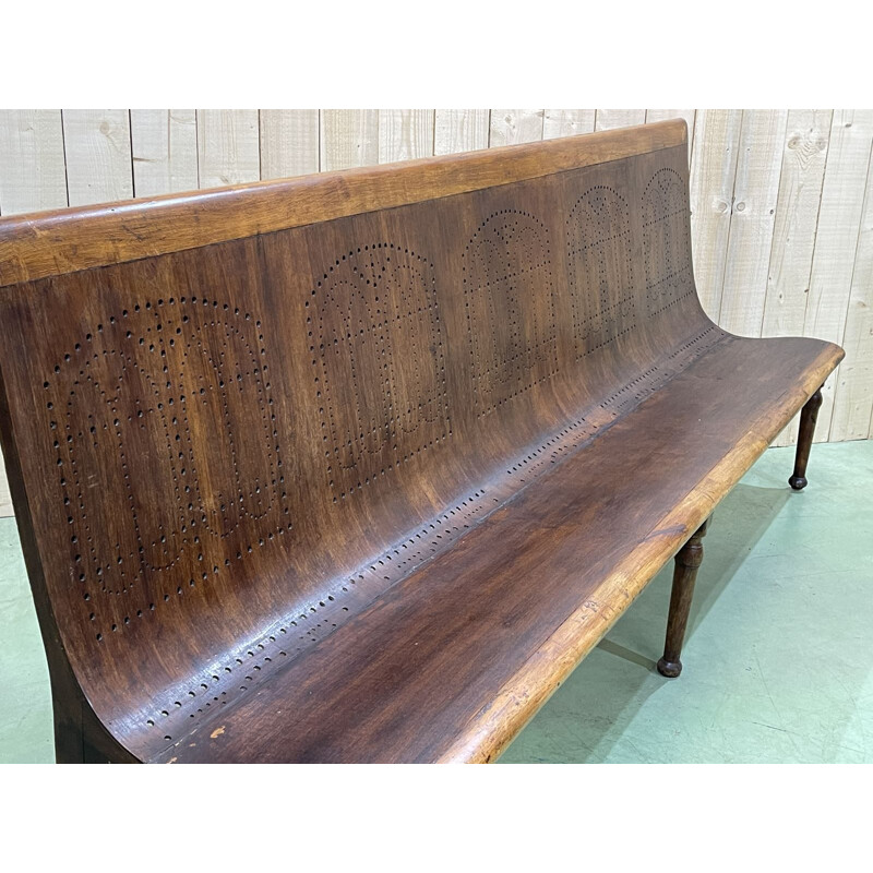 Large vintage beechwood bistro bench 1950s