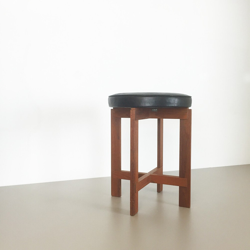 Luxus Vittsjö stool in teak and black leather, Uno & Östen KRISTIANSSON - 1960s
