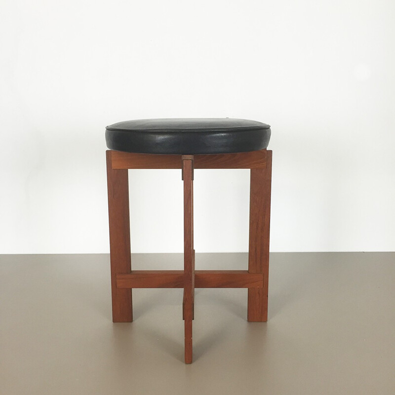 Luxus Vittsjö stool in teak and black leather, Uno & Östen KRISTIANSSON - 1960s