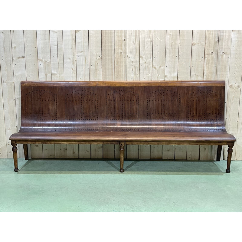 Large vintage beechwood bistro bench 1950s