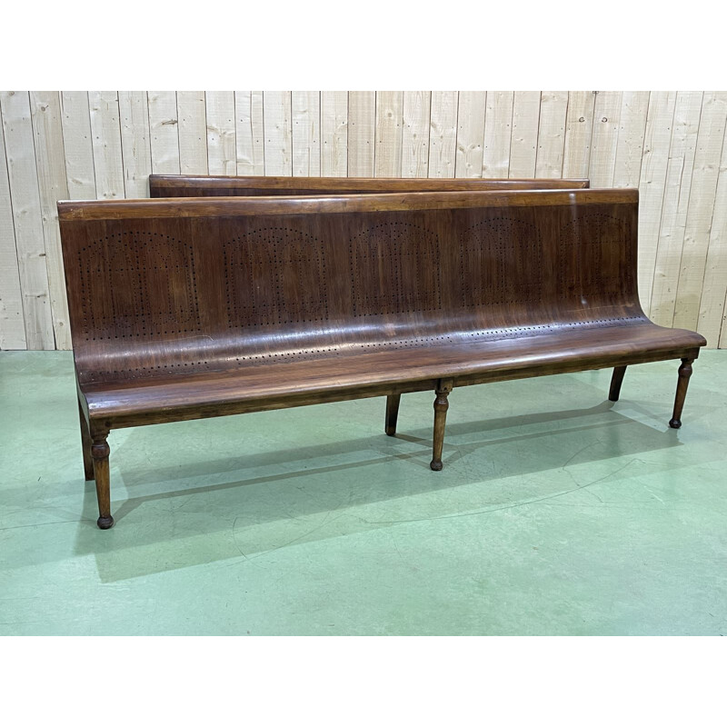 Large vintage beechwood bistro bench 1950s