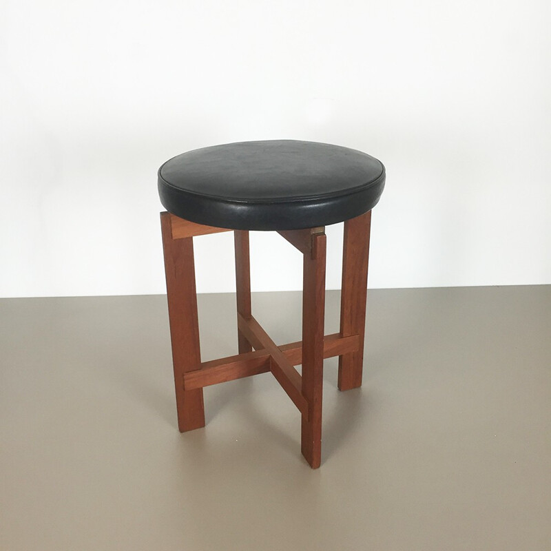 Luxus Vittsjö stool in teak and black leather, Uno & Östen KRISTIANSSON - 1960s