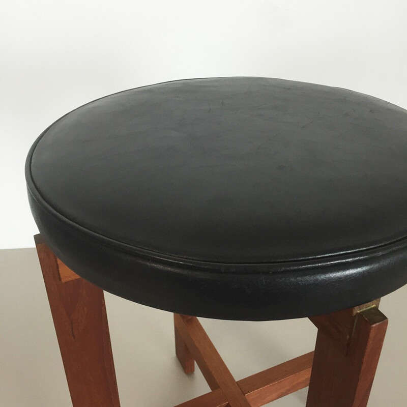 Luxus Vittsjö stool in teak and black leather, Uno & Östen KRISTIANSSON - 1960s