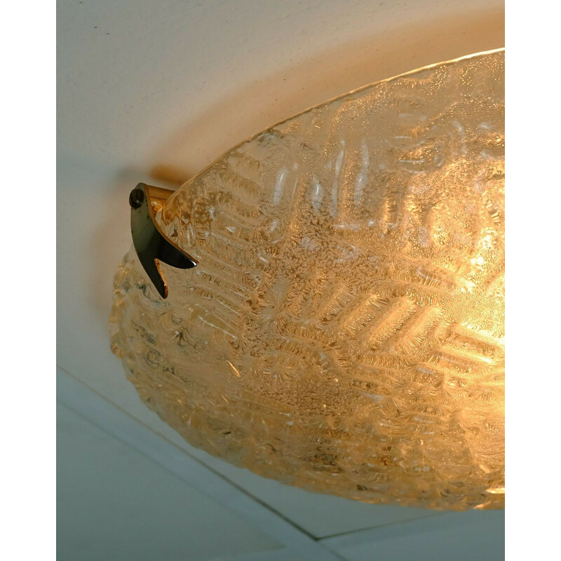 Vintage ice glass ceiling lamp flush mount sconce relief surface 1960s