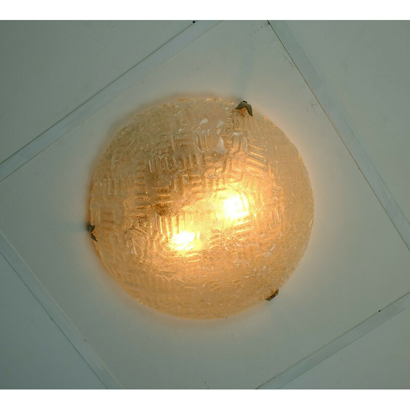 Vintage ice glass ceiling lamp flush mount sconce relief surface 1960s