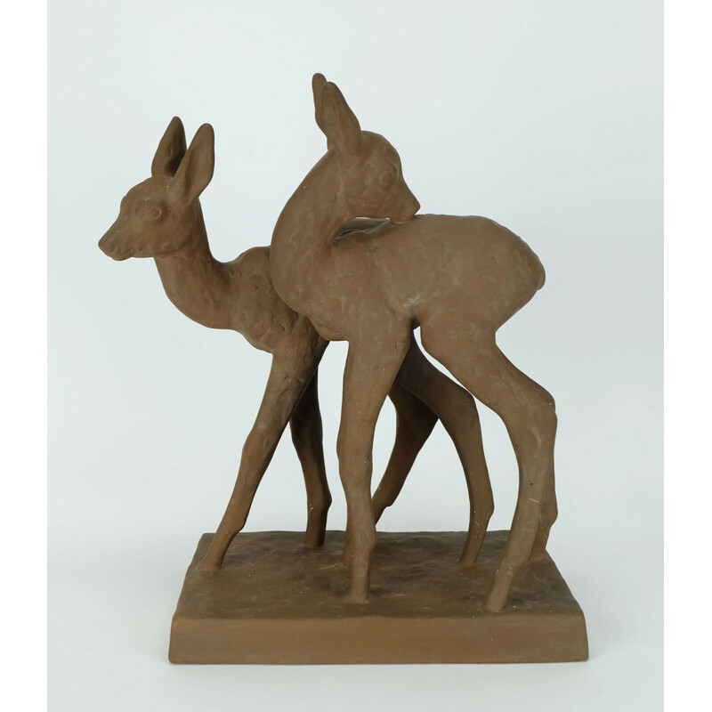 Vintage ceramic sculpture model 4840 2 roe deers by Else Bach for Majolika Karlsruhe 1930s