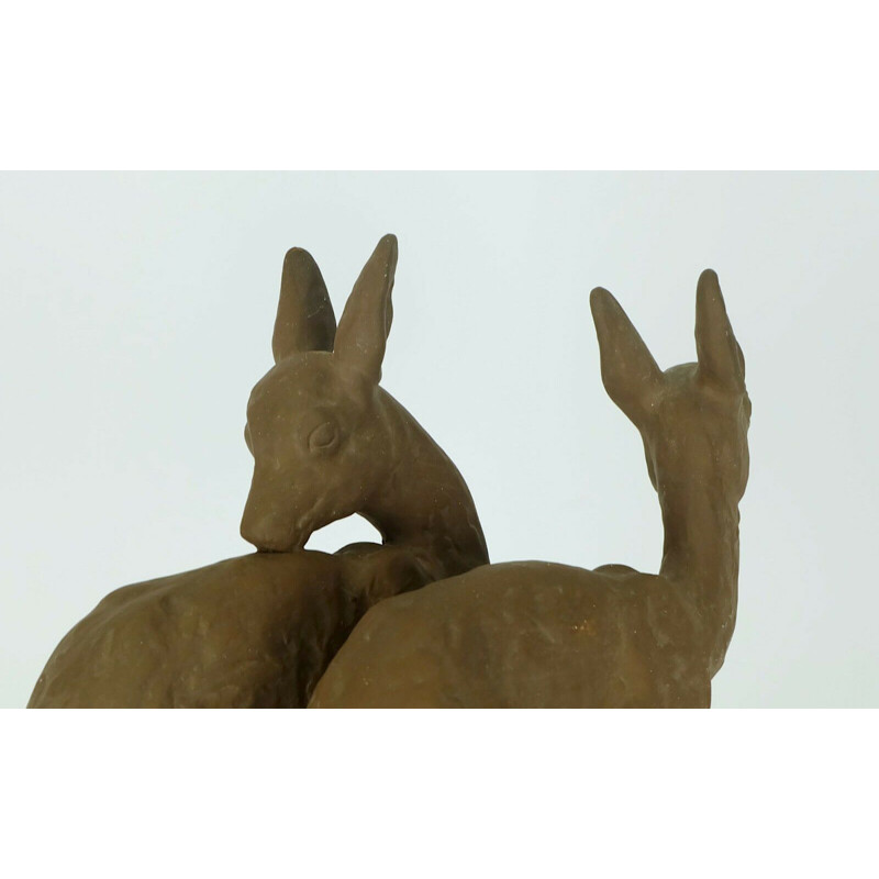 Vintage ceramic sculpture model 4840 2 roe deers by Else Bach for Majolika Karlsruhe 1930s