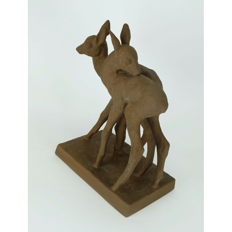 Vintage ceramic sculpture model 4840 2 roe deers by Else Bach for Majolika Karlsruhe 1930s