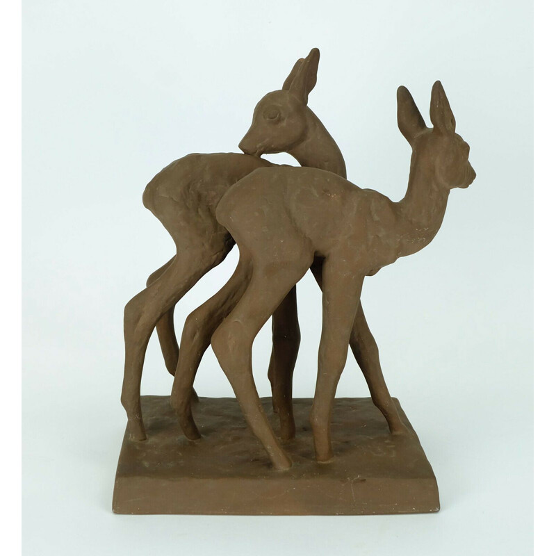 Vintage ceramic sculpture model 4840 2 roe deers by Else Bach for Majolika Karlsruhe 1930s