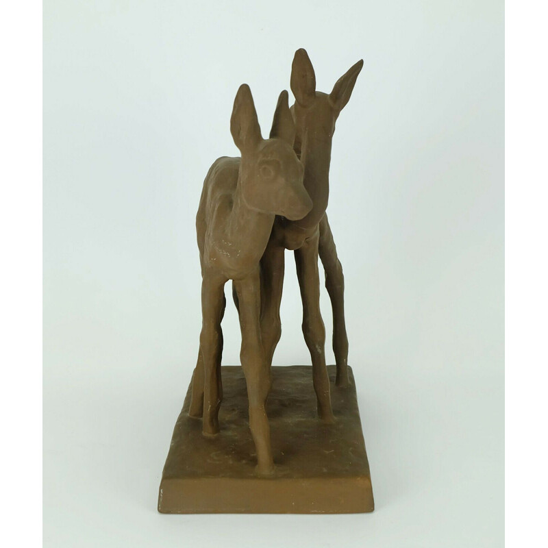 Vintage ceramic sculpture model 4840 2 roe deers by Else Bach for Majolika Karlsruhe 1930s