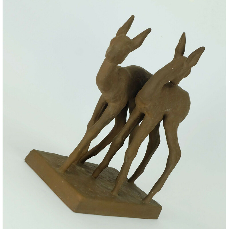 Vintage ceramic sculpture model 4840 2 roe deers by Else Bach for Majolika Karlsruhe 1930s