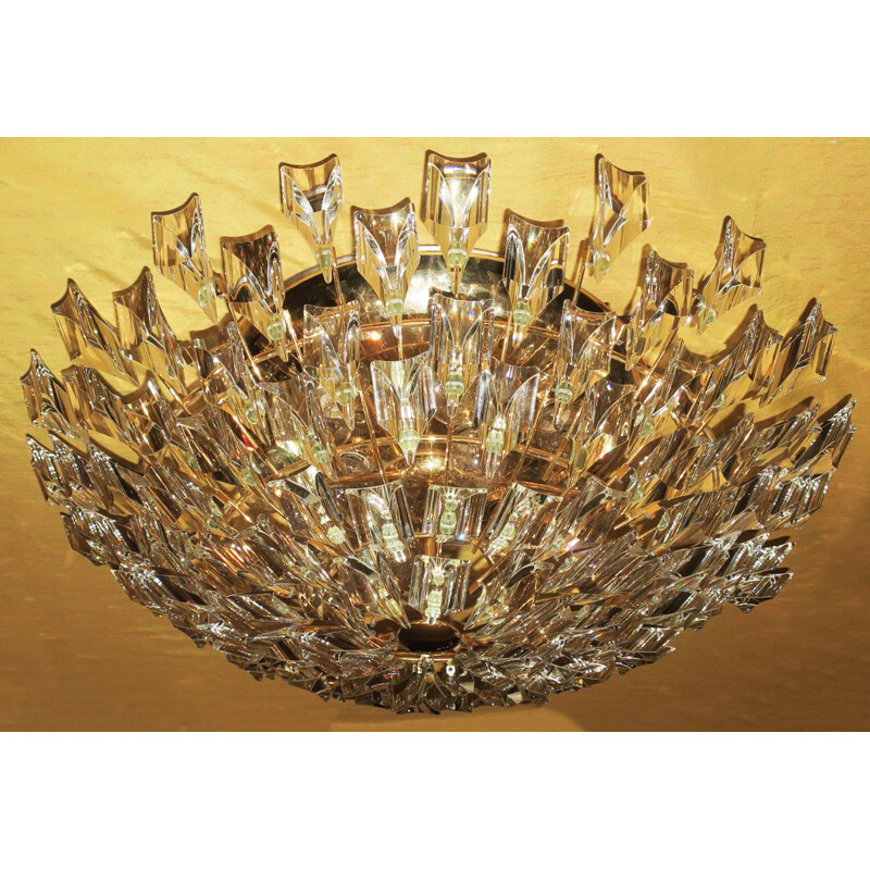 Vintage Stilkronen Gold Plated Brass and Crystal Ceiling Lamp, Italy 1970s