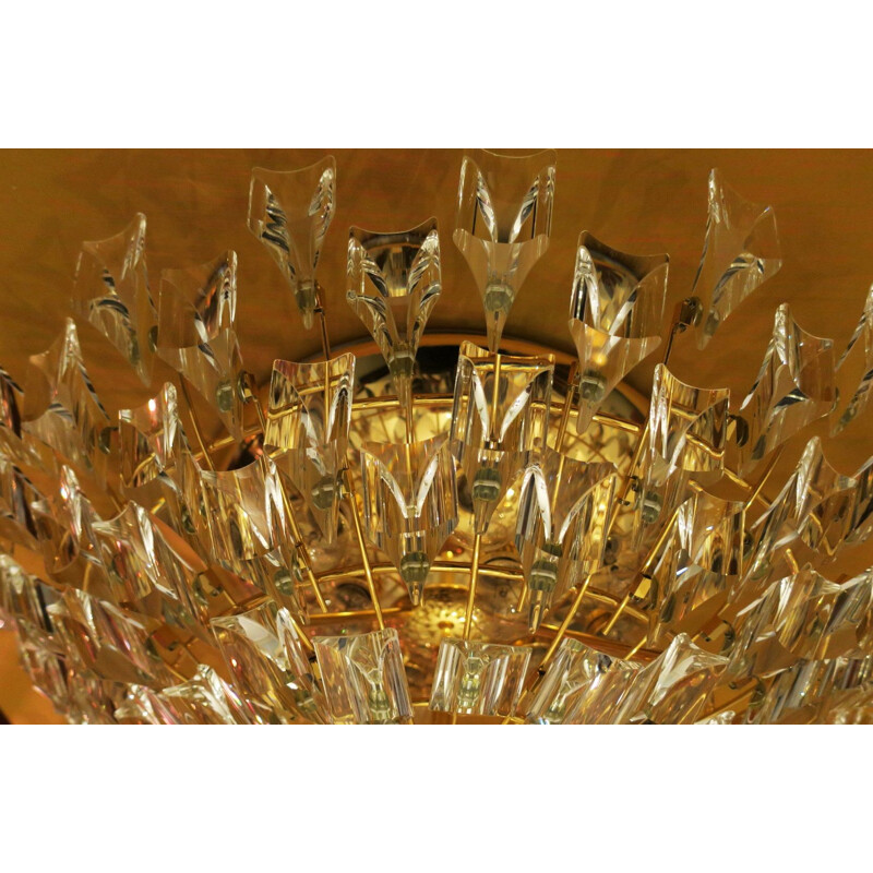 Vintage Stilkronen Gold Plated Brass and Crystal Ceiling Lamp, Italy 1970s