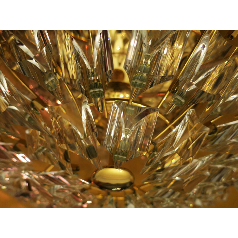 Vintage Stilkronen Gold Plated Brass and Crystal Ceiling Lamp, Italy 1970s