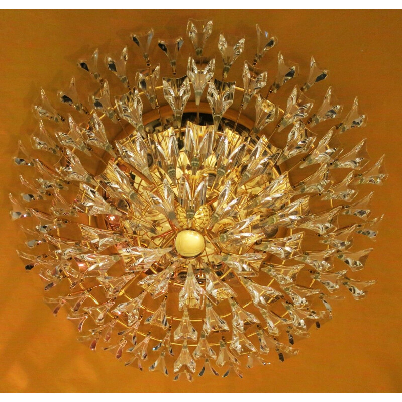 Vintage Stilkronen Gold Plated Brass and Crystal Ceiling Lamp, Italy 1970s