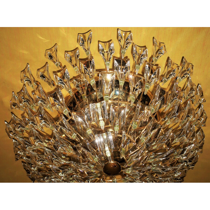 Vintage Stilkronen Gold Plated Brass and Crystal Ceiling Lamp, Italy 1970s