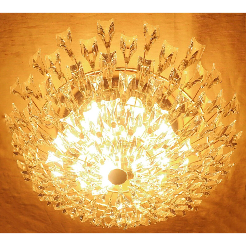 Vintage Stilkronen Gold Plated Brass and Crystal Ceiling Lamp, Italy 1970s