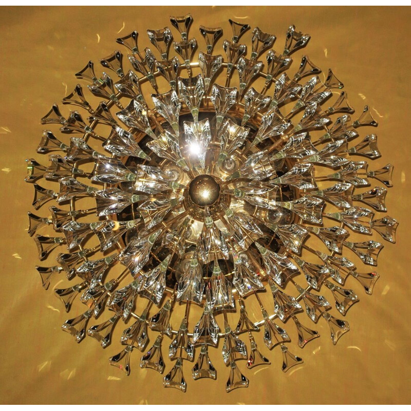 Vintage Stilkronen Gold Plated Brass and Crystal Ceiling Lamp, Italy 1970s