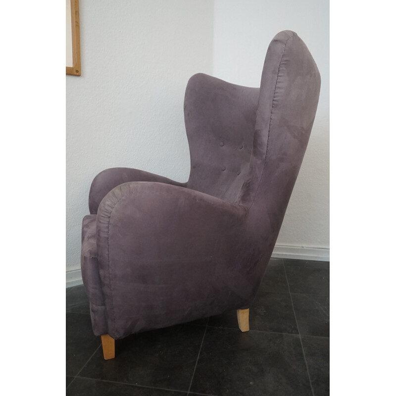 Vintage Wingback Easychair in Grey Fabric Mogens Lassen 1940s