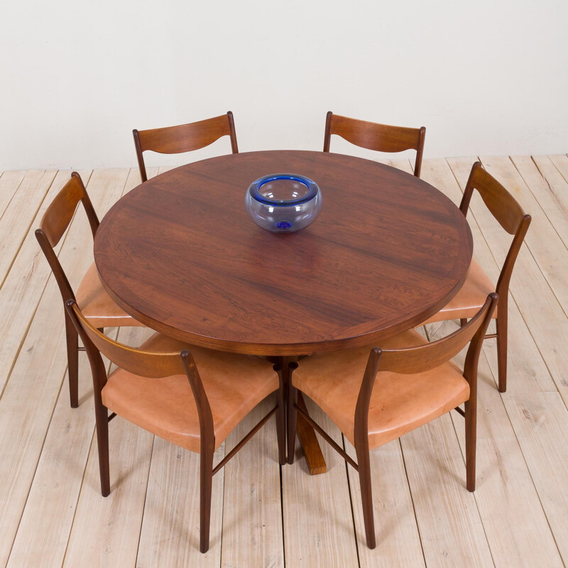 Grande table vintage à rallonge ronde en palissandre par John Mortensen pour Heltborg, Danemark 1960