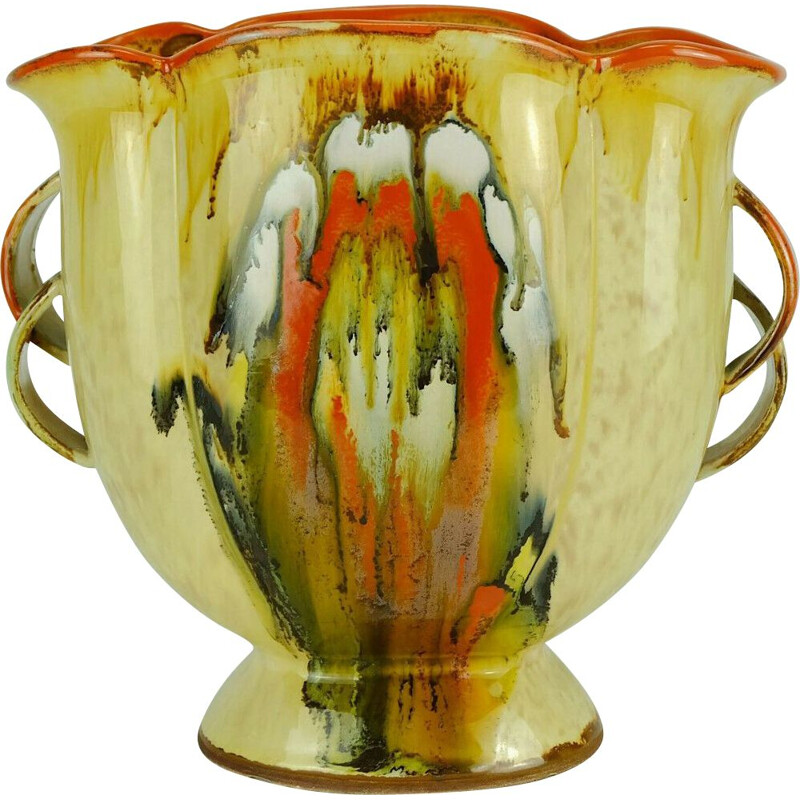 Vintage ceramic dumler breiden drip glaze double handle art déco vase by Dümler & Breiden 1930s