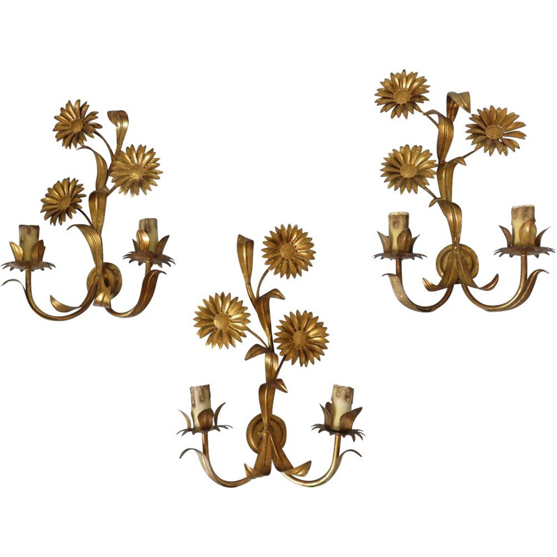 Set of 3 vintage sconces with sunflowers 1970s