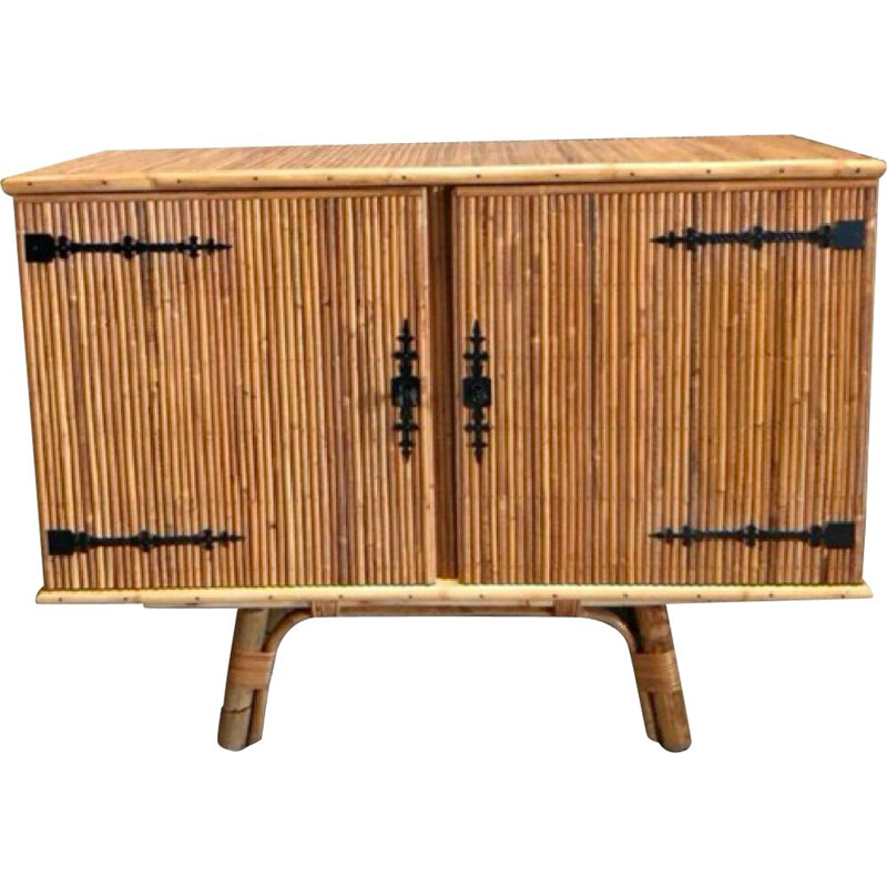 Vintage Split bamboo and wrought iron sideboard by Audoux Minet 1950s
