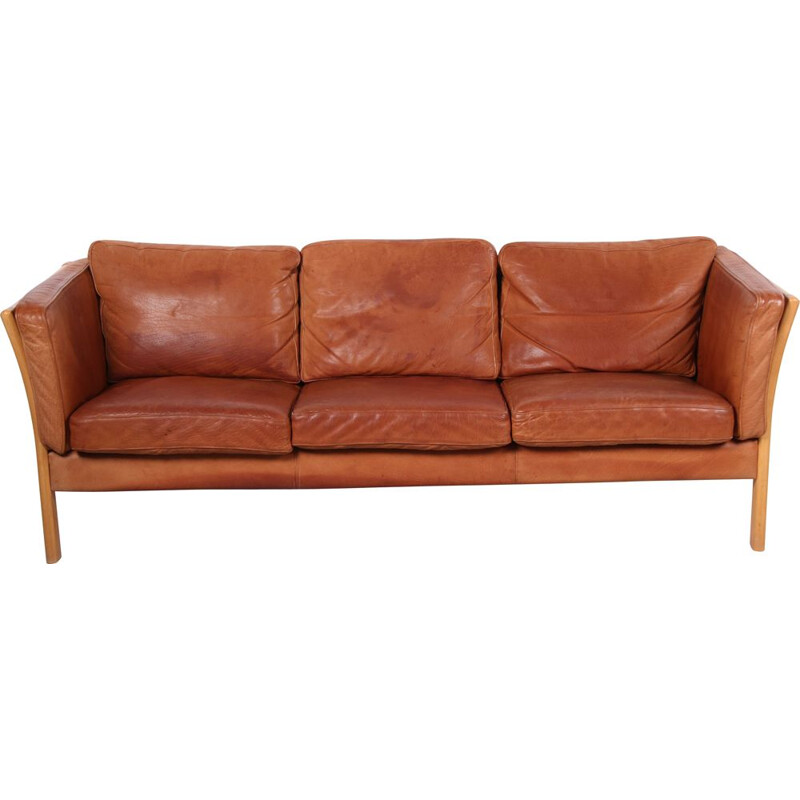 Vintage cognac leather sofa by Mogens Hansen, Danish