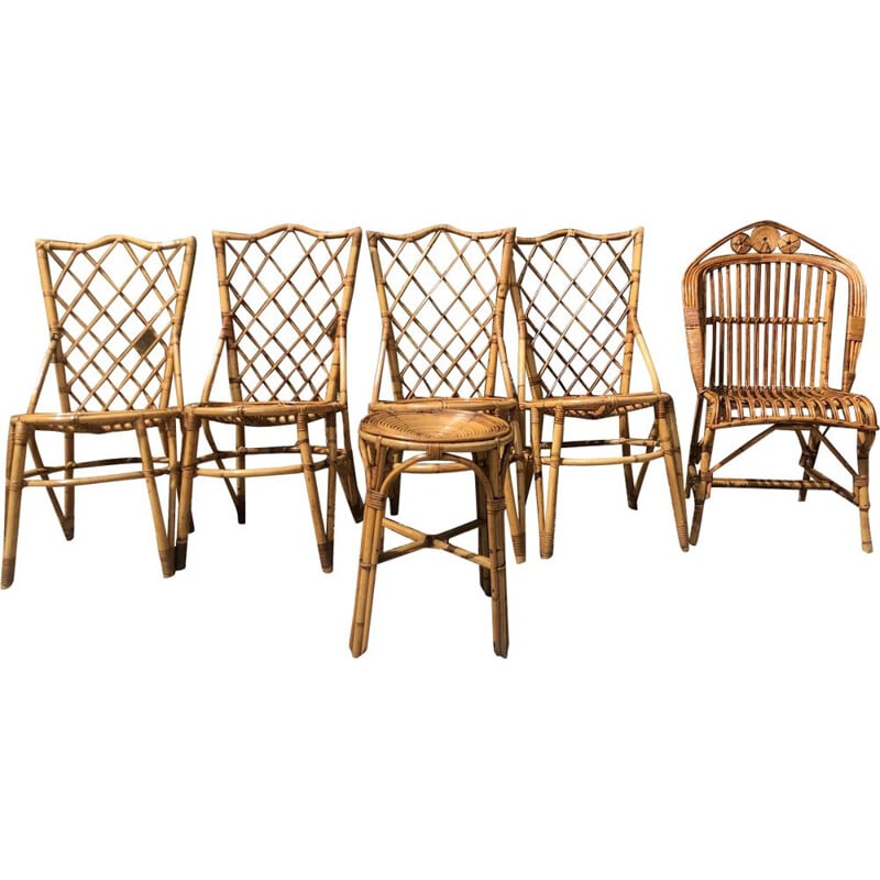 Set of 6 vintage rattan chairs and armchair by Louis Sognot 1960s